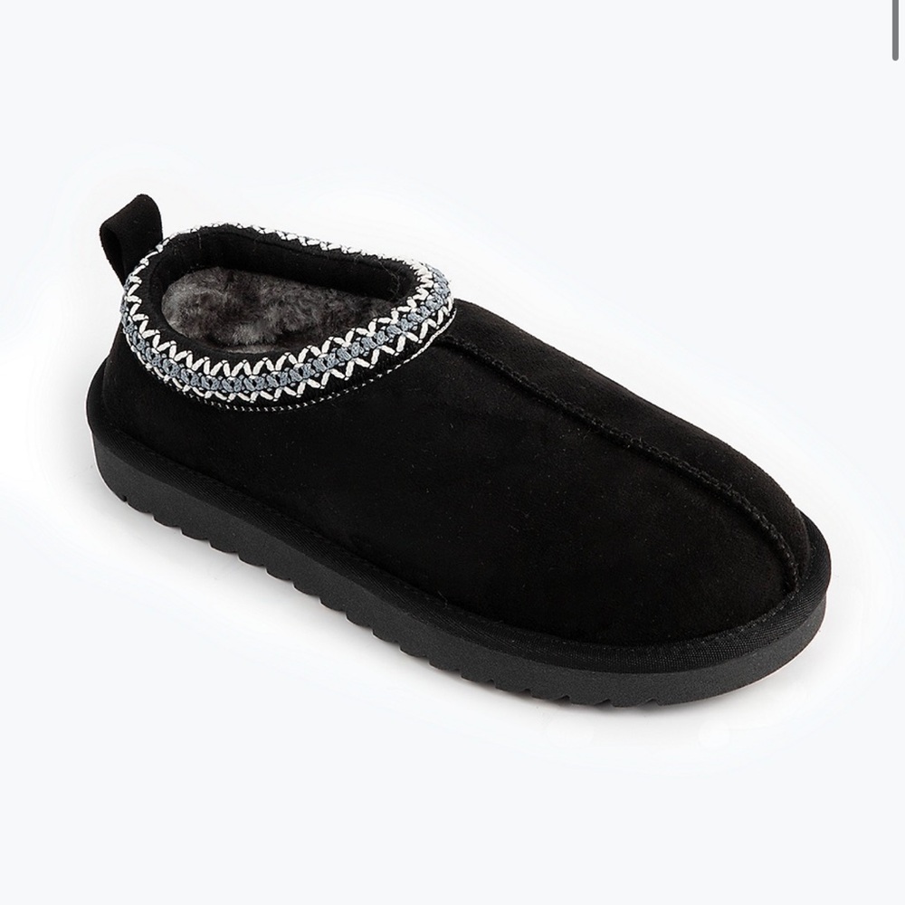 Black Suede Slippers/Clogs with Patterned Trim